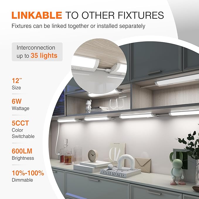 12inch Linkable Under Cabinet Lighting Hardwired Plug-in, Wired led Under Cabinet Lights with 5 CCT (2700/3000/3500/4000/5000) & Dimmable, Under Counter Lights for Kitchen, 6W, 600LM, 1 Pack