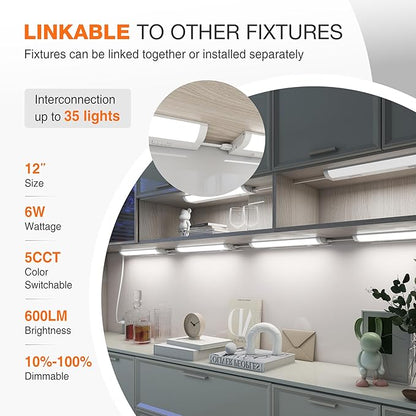 12inch Linkable Under Cabinet Lighting Hardwired Plug-in, Wired led Under Cabinet Lights with 5 CCT (2700/3000/3500/4000/5000) & Dimmable, Under Counter Lights for Kitchen, 6W, 600LM, 2 Pack