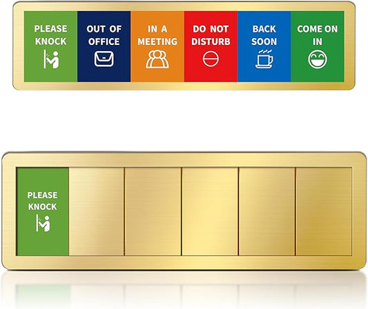 Office Door Signs -6 Options Do Not Disturb, In A Meeting, Out Of Office, Working Remotely, Back Soon Please Knock,Privacy Door Slider Sign for Meeting & Conference Room Brushed Gold