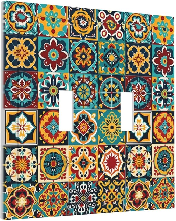 Decorative Switch Plates Mexican Talavera Colorful Mosaic Tiles 2 Gang Double Toggle Outlet Light Switch Cover Wall Plate Electrical Faceplate For Bathroom Kitchen Decor