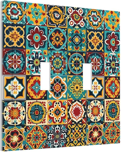 Decorative Switch Plates Mexican Talavera Colorful Mosaic Tiles 2 Gang Double Toggle Outlet Light Switch Cover Wall Plate Electrical Faceplate For Bathroom Kitchen Decor