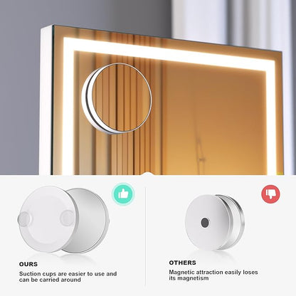 Hasipu Vanity Mirror with Lights and Bluetooth Speaker, 17.7" x 13.8" LED Makeup Mirror with 10X Magnification, Smart Touch 3 Colors Dimmable, Brightness Adjustment, 360° Rotation, White