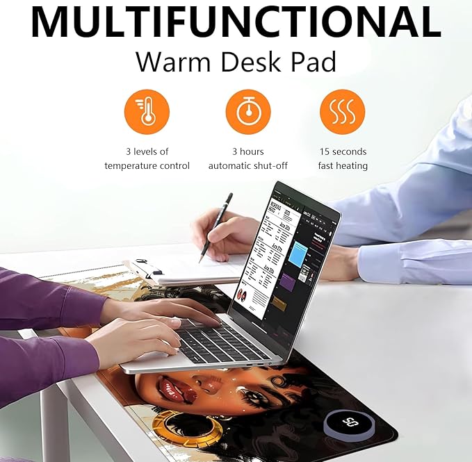 Heated Mouse Pad with 3 Levels Heated & 3 Hours Auto Shut-Off Mouse Pad for Warming Hands in Office Home, 23.6" x 14.2"Large Safe Desk Mat Hand Warmer，Girl with Short Hair