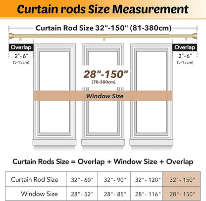 GEEBOBO Gold Curtain Rods for Windows 72 to 144 Inch, 1 Inch Adjustable Heavy Duty Decorative Window Curtain Rod, W1 (Gold, 32"-150")