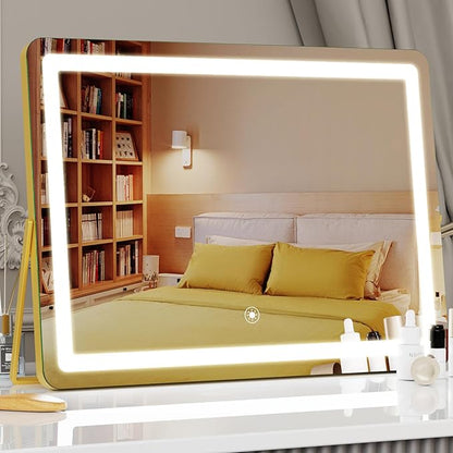 Ligheted Vanity Mirror with Lights, 14" x 12" LED Makeup Mirror, Hollywood Mirror,3 Modes Light, Smart Touch Control Dimmable, 360°Rotation, Rectangle Gold Frame