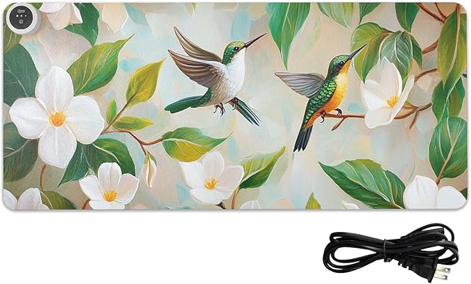 Heated Desk Pad Mouse Pad 31.5x13 Inch PU Leather Desk Mat with 3 Heat Levels Large Mouse Gaming Computer Laptop Mat Jasmine Flowers Green Leaves and Hummingbird