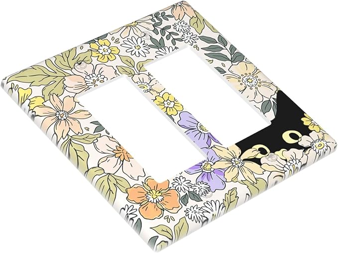 Decorative Outlet Covers Cute Black Cat in a Flower Patch Botanical Garden 2 Gang Wall Plate Double Rocker Light Switch Cover Double Switch Plate Cover for Home Decor （2 Pack）