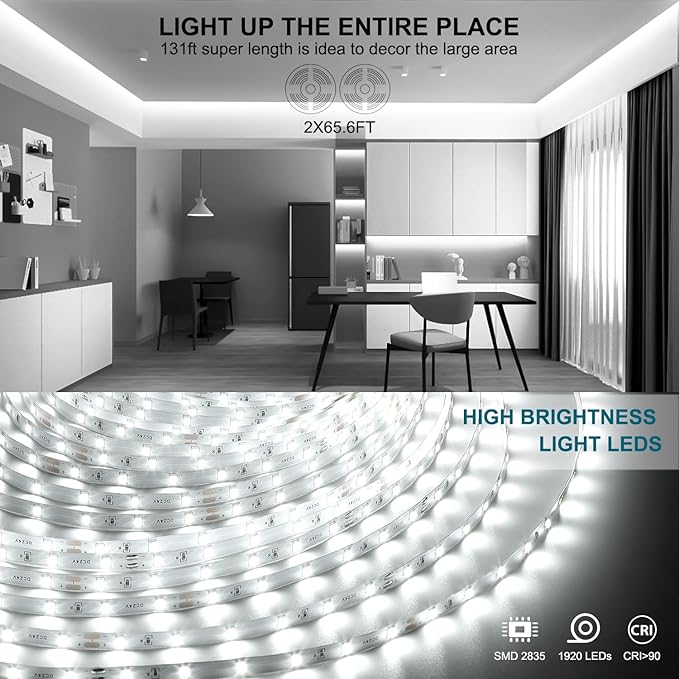White LED Strip Lights, 131ft Dimmable 24V LED Lights Strip 6500K Bright Daylight White, Flexible Tape Lights for Bedrooms, Kitchen, Cabinet, Christmas Decor, 2 Rolls of 65.6ft