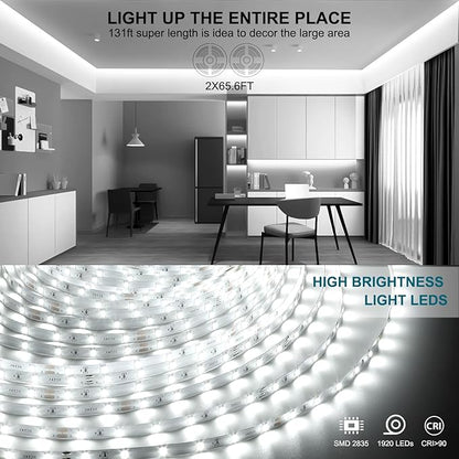 White LED Strip Lights, 131ft Dimmable 24V LED Lights Strip 6500K Bright Daylight White, Flexible Tape Lights for Bedrooms, Kitchen, Cabinet, Christmas Decor, 2 Rolls of 65.6ft