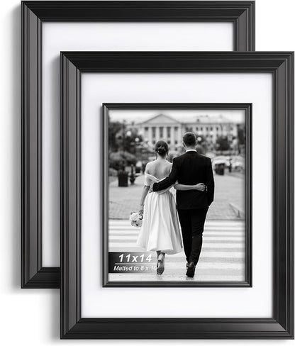 Yaetm 11x14 Black Picture Frame with Decorative Inner Frame & Tempered Glass, Display 8x10 Photos with Mat on Wall - Portrait or Landscape - Ideal for Office & Home Décor (Black, 2 Pack)