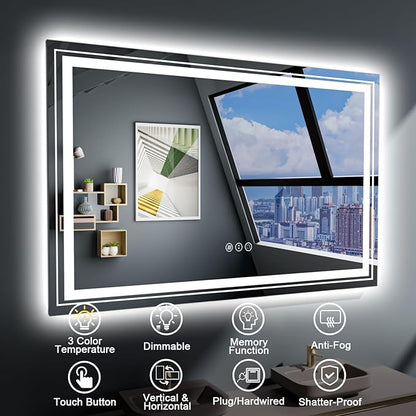 LED Bathroom Mirror, 77"x36" with Front and Backlit, Anti-Fog, Large Bathroom Vanity Mirror for Wall, Memory Function, Stepless Dimmable, Tempered Glass (Horizontal/Vertical)