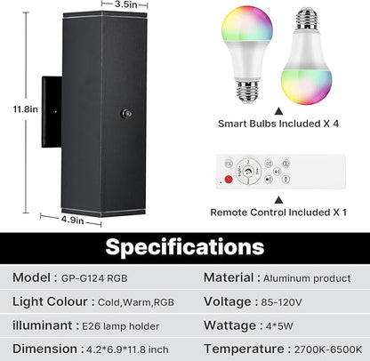 Outdoor Wall Lights 2 Pack, RGBCW Exterior Lighting Sconce,2700K-6500K Dimmable Smart Porch Lights Outdoor for House Patio Garage, Compatible with Alexa/Google Assistant, Bulb Included