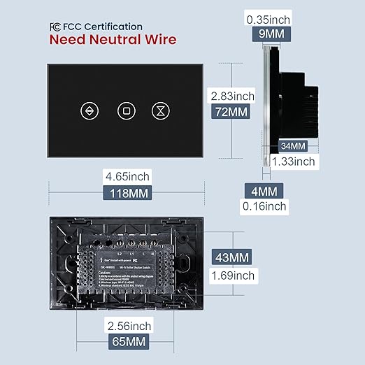 Smart Roller Shutter Switch 118X72X34MM Need Neutral Wire,2.4GHz WiFi Roller Shutter Switch, Tempered Glass Panel, Compatible with Alexa and Smart Life, Black WiFi-Roller Shutter