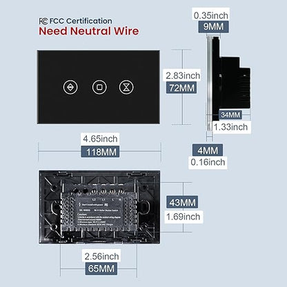 Smart Roller Shutter Switch 118X72X34MM Need Neutral Wire,2.4GHz WiFi Roller Shutter Switch, Tempered Glass Panel, Compatible with Alexa and Smart Life, Black WiFi-Roller Shutter