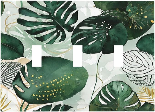 Decorative Switch Plates Boho Tropical Leaves 3 Gang Wall Plate Triple Toggle Light Switch Cover Faceplate Electrical Wall Panels for Bedroom Bathroom Decor