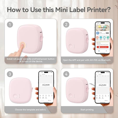 Mini Label Maker Machine with Tape – Portable Bluetooth Mini Label Printer, Wireless Thermal Label Maker, Waterproof & Rechargeable, Built-in Cutter, for Home, Office, School, Kitchen – Pink