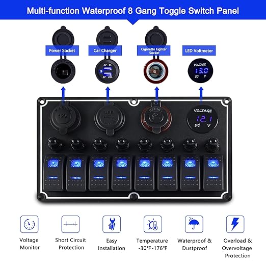 Marine Switch Panel Waterproof,8 Gang Boat Rocker Switch Panel,Multi-Function Toggle Light Switch Panel with Dual USB and Voltmeter Panel for RVs, Cars, Boats, Trucks,Trailers - 12-24V