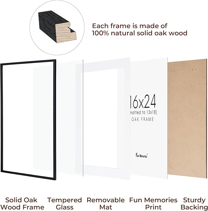 16x24 Wood Picture Frame, Real Oak Wood 16 x24 Frame for Wall, 16x24 Inch Poster Frame, 16x24 Picture Frame Matted to 12x18, 16 by 24 Wooden Frame, Black Color, 1 Pack