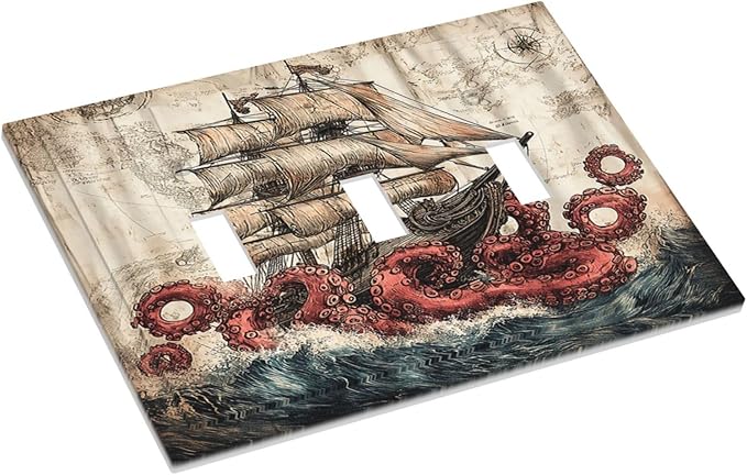 Decorative Switch Plates Vintage Octopus Ocean Sailboat Bizarre Adventure 3 Gang Wall Plate Faceplate Triple Toggle Light Switch Cover Electrical Wall Panels for Bathroom Kids room Decor