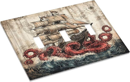 Decorative Switch Plates Vintage Octopus Ocean Sailboat Bizarre Adventure 3 Gang Wall Plate Faceplate Triple Toggle Light Switch Cover Electrical Wall Panels for Bathroom Kids room Decor