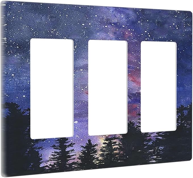Light Switch Covers Dream Milky Way Starry Forest Pine Watercolor Painting 3 Gang Rocker Electrical GFCI Decorative Triple Outlet Wall Plate Cover Switchplate for Bedroom Home Decor
