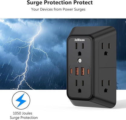 USB Wall Charger Power Strip Surge Protector with 4 USB Ports (2 USB C) Plug Extension Multiple Outlets Plug Extension Multi Outlet Plug in Adapter Spaced Outlets for Home Office Travel,White (Black)