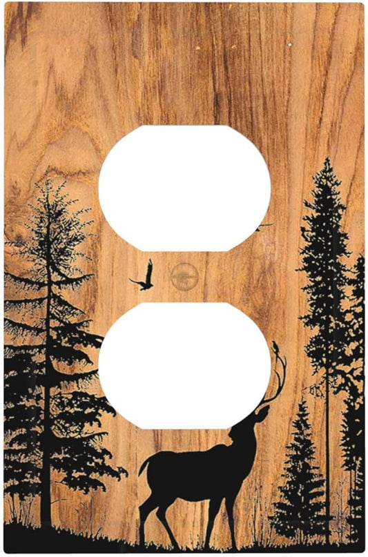 Outlet Covers Rustic Farmhouse Orange Brown Pine Tree Deer Wood Grain 1 Gang Duplex Wall Plate Decorative Switch Plates Electrical Receptacle Faceplate Light Switch Cover for living Room