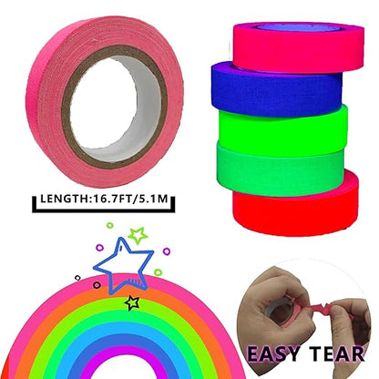 SWRT Neon Gaffer Cloth UV Blacklight Tape for Party Supplies, 5 Rolls Multi-Color UV Fluorescent Glow in The Dark Tape for Party Decoration, Dance Floors, UV Party (0.6 inch x 16.5 feet)