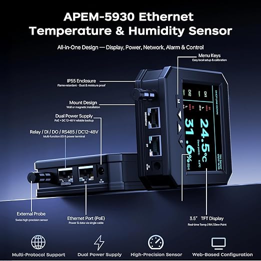 APEM-5930 Ethernet Temperature Humidity Sensor, PoE Server Room Monitor with Web Interface, SNMP Modbus MQTT Support, Dual Power, IP55, Data Logging, Alarm & Relay Output for IT & Industrial Use