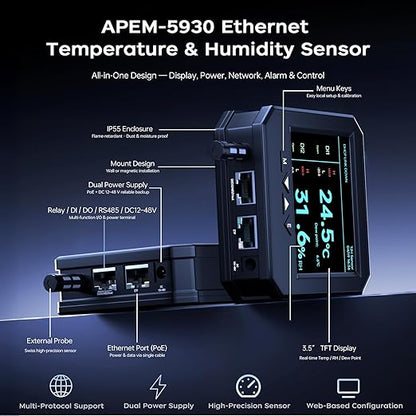 APEM-5930 Ethernet Temperature Humidity Sensor, PoE Server Room Monitor with Web Interface, SNMP Modbus MQTT Support, Dual Power, IP55, Data Logging, Alarm & Relay Output for IT & Industrial Use