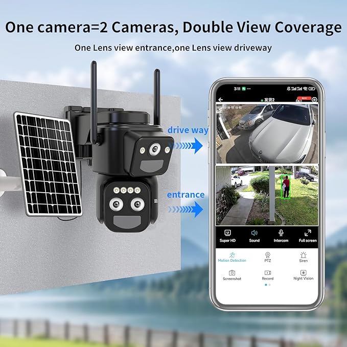 Security Cameras Wirelss Outdoor Solar Powered for Home Security, 360 View Outside Camera,Motion Detection,10x Hybrid Zoom PAN Tile,i IP-65 Weather Proof (3 Lens Hybrid Zoom)