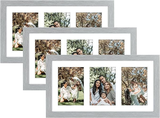 Golden State Art, Set of 3, 9x18 Grey Wood Frame - White Mat for Three 5x7 Pictures - Sawtooth Hangers- Swivel Tabs - Wall Mounting - Landscape/Portrait - Real Glass - Collage Frame
