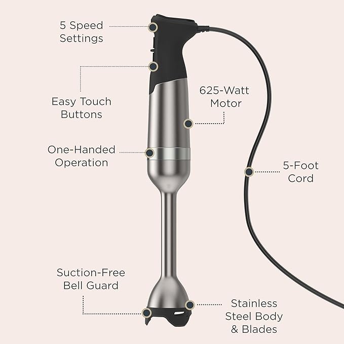 Vitamix 5-Speed Immersion Blender, Professional-Grade Hand Blender with 625-Watt Motor and Stainless-Steel Blade, Stainless Steel/White
