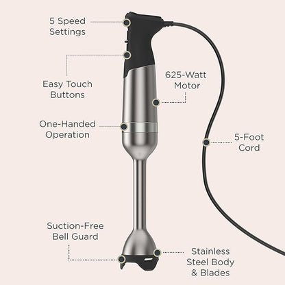 Vitamix 5-Speed Immersion Blender, Professional-Grade Hand Blender with 625-Watt Motor and Stainless-Steel Blade, Stainless Steel/White