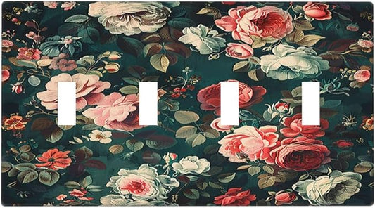 Light Switch Covers Baroque Vintage Peony Flower Floral Quad Toggle Electrical Faceplate 4 Gang Wall Plate Decorative Switch Plates for Bedroom Farmhouse Decor