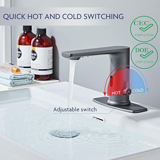 DIY No Drill Gunmetal Gray Sink Faucet with Hole Cover,Touchless Bathroom Faucet Automatic with Motion Sensor for Hygiene.Meets CEC WaterSense Standards.