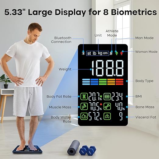 GE Smart Scale for Body Weight, BMI, Body Fat, Muscle Mass, Digital Bathroom Scales 500lbs for Bluetooth Weight Monitor 11.8" Large Platform Weighing Machine Health Analyzer Dark Blue-Button Function