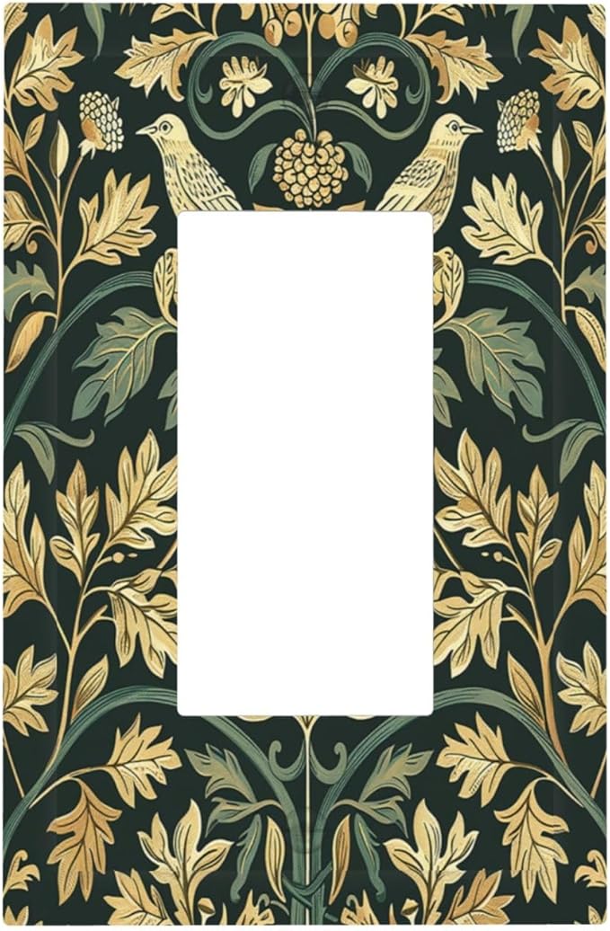 Decorative Outlet Covers William Morris Vintage Botanical Birds Golden Green Leaves 1 Gang Single Rocker Light Switch Cover Plate Wall Plates GFCI Faceplate for Bedroom Home Decor