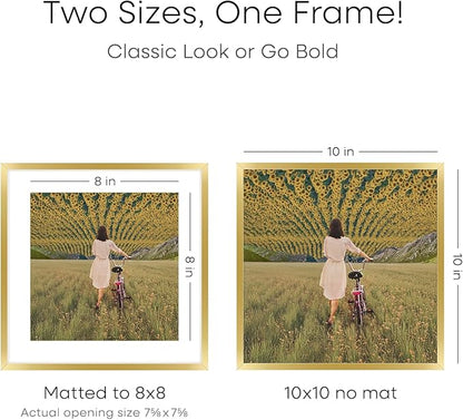 Homeforia Square 10x10 Gold Frame, High End Metal 10 by 10 Picture Frames with Mat 8 x 8, 10by10 Thin Poster Frame Matted to 8x8 inch Photo, Wall or Tabletop Frames, Tempered Glass, Wall Kit, Set of 4