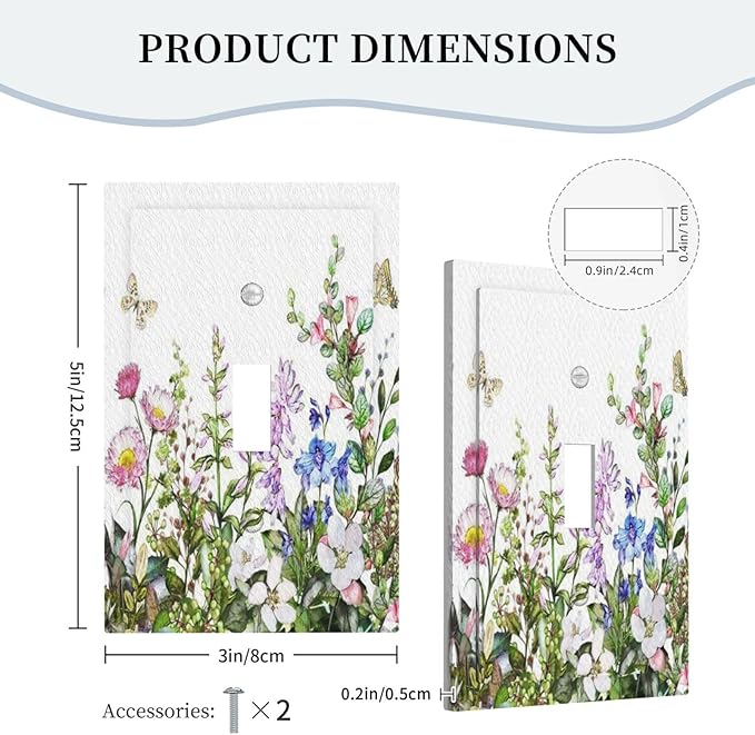 Boho Colorful Wildflowers Butterfly Green Plant Leaf 1 Gang Light Switch Covers Single Toggle Wall Plate Decorative Switchcover Electrical Switchplate for Country Bathroom Bedroom Decor