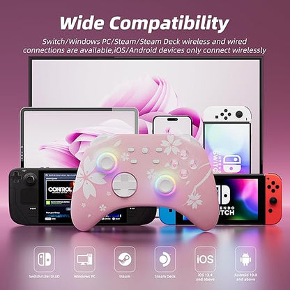 Mytrix Wireless Controllers for Switch/Switch 2, Windows PC iOS Android Steam/Steam Deck, Sakura Pink Bluetooth Controller with Programmable, Hall Effect Joysticks, Adjustable LED Light/Turbo/Vibration