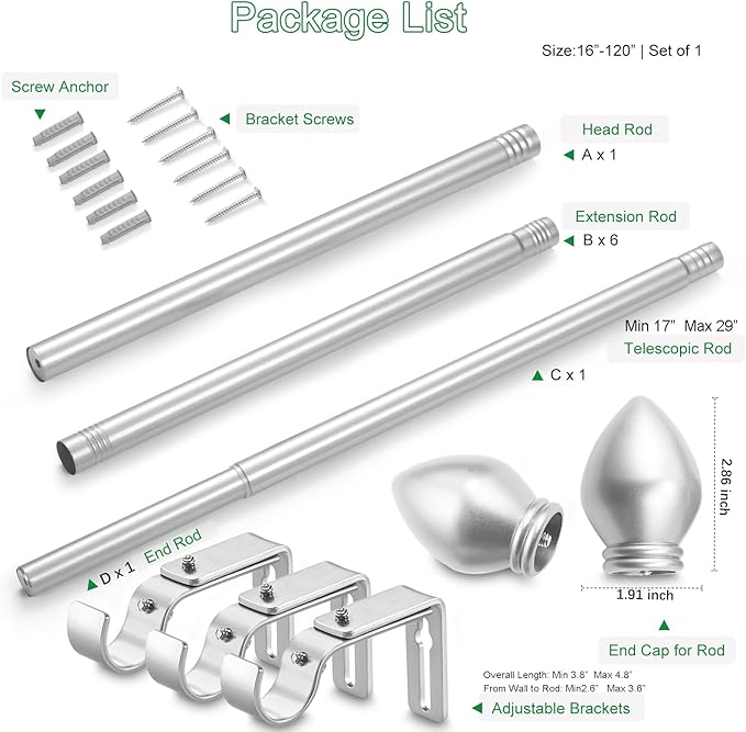 Curtain Rods for Windows 16 to 120 inches, Curtain Rod Max Adjustable Length to 132 in, Drapery Rod 1 inch Diameter with Modern Knobs Finials (Satin Silver, 16" to 120" - Set of 1)