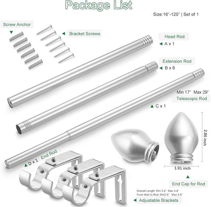 Curtain Rods for Windows 16 to 120 inches, Curtain Rod Max Adjustable Length to 132 in, Drapery Rod 1 inch Diameter with Modern Knobs Finials (Satin Silver, 16" to 120" - Set of 1)