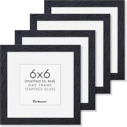 6x6 Picture Frames, Solid White Oak Wood Frame 6 x 6 with Stand for Wall & Tabletop Display, Rustic Wooden Photo Frame 6 by 6 with Real Glass, 6x6 Frame Matted to 4x4, Black Color, Set of 4