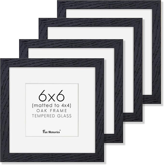 6x6 Picture Frames, Solid White Oak Wood Frame 6 x 6 with Stand for Wall & Tabletop Display, Rustic Wooden Photo Frame 6 by 6 with Real Glass, 6x6 Frame Matted to 4x4, Black Color, Set of 4