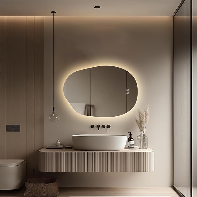 LED Bathroom Mirror with Lights 26x38, Stepless Dimmable Irregular Backlit Mirror with 3 Colors, Anti-Fog, Memory, Al-Alloy Lampshade, Frameless Vanity Mirror for Bathroom (Horizontal/Vertical)