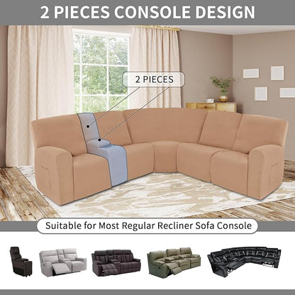 Easy-Going 100% Waterproof Recliner Console Cover, Stretch Middle Console Couch Covers for Reclining Sofas, Sectional L-Shape Furniture Protector for Kids & Pets, 1 Console Cover, Camel