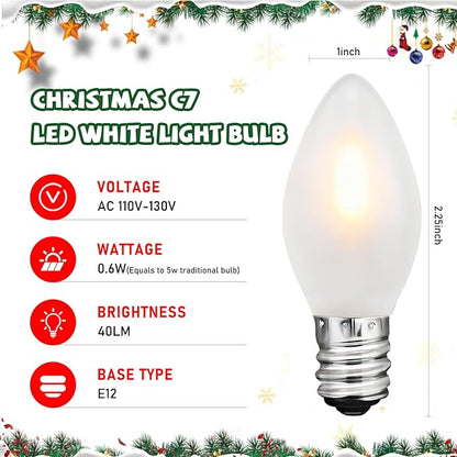 C7 LED Frosted Christmas Light Bulb,25 Pack 0.6W C7 LED Replacement Lights Bulbs with E12 Base,Frosted White 2700K Shatterproof Vintage Bulbs for Chandeliers Candle Christmas String Lights