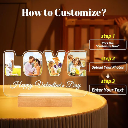 Custom Picture Frames with Photo, Personalized Photo Frame with Night Light, Customized Couples Gifts, Personalized Anniversary Valentines Day Gifts for Women Men Her Him Girlfriend Boyfriend