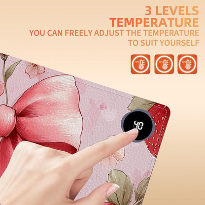 Heated Mouse Pad 31.5x13 in 3-Temp Fast Heating Desk Mat with Auto Timer Warmer for Hands Wrist Pain Relief Waterproof Keyboard Mat for Office, Gaming, Home, Pink Bow Floral